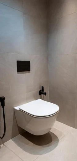 Seinä-wc minimalistisessa harmaassa kylpyhuoneessa